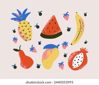 Paquete con frutas con textura de garabato. Conjunto de trópico plano con plátano, mango, piña, pera, sandía, granada. Ilustración vectorial. 