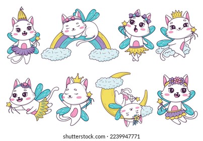 Bundle of drawn cute cartoon cats fairy with a magic wand in different poses in doodle style. vector illustration cat character collection
