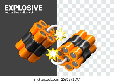 Bundle of dynamite sticks with lit wick. Vector realistic explosives, object in different positions