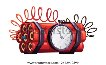 Bundle of dynamite with a ticking clock attached, signifying a time bomb. Vector cartoon illustration