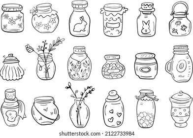 Bundle with Easter jar, Cozy house. Homemade blanks, dector elements. Holiday collection illustration for coloring book