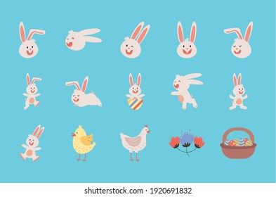 bundle of easter rabbits with chickens and eggs painted vector illustration design