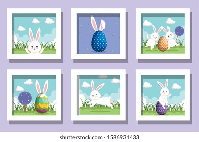 bundle of easter rabbits with eggs decorated vector illustration design