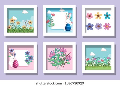 bundle of easter rabbits with flowers vector illustration design