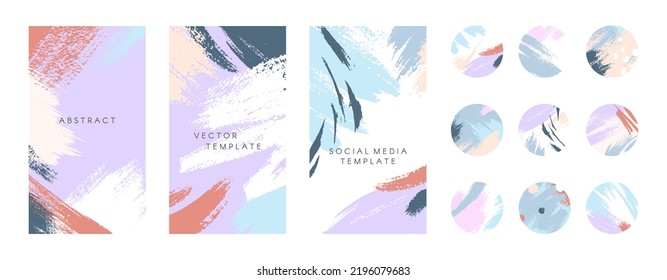 Bundle of editable artistic insta story templates and highlights covers.Vector layouts with brush strokes and textures.Abstract backgrounds.Trendy IG design for social media marketing.SMM pack