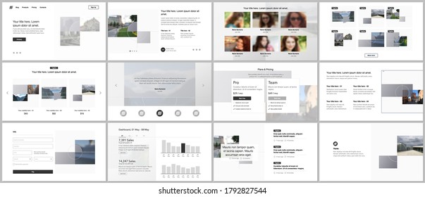 Bundle of editable business templates for digital app, web products. Vector templates for website design, presentations, portfolio, presentation slides, flyer, leaflet, brochure cover, annual report.