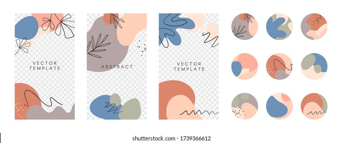 Bundle of editable insta story templates and highlights covers.Vector layouts with hand drawn organic shapes and textures.Abstract backgrounds.Trendy design for social media marketing.Social media kit