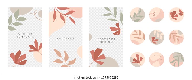 Bundle of editable insta story templates and highlights covers.Vector layouts with hand drawn organic shapes and textures.Abstract backgrounds.Trendy design for social media marketing.Social media kit