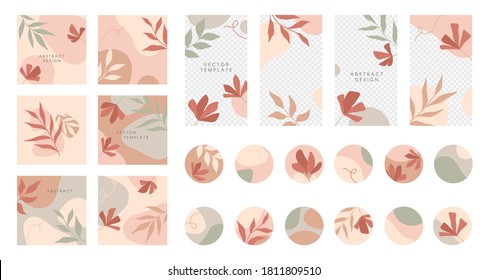 Bundle of editable insta story templates and highlights covers.Vector layouts with hand drawn organic shapes and textures.Abstract backgrounds.Trendy design for social media marketing.Social media kit