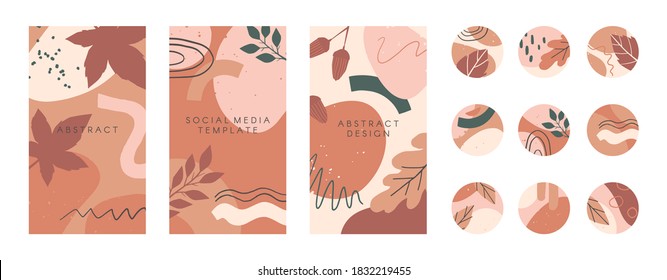 Bundle of editable insta story templates and highlights covers in autumn style.Vector layouts with hand drawn organic shapes and textures.Abstract backgrounds.Trendy design for social media marketing.