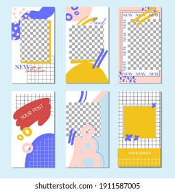 Bundle of editable insta story templates with copy space for text. Modern layouts.Trendy design for social media marketing,digital post,prints. Nineties Layout. Cell, lines, spots