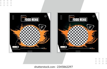 Bundle of editable square banner template. Food banner with black, orange and green color background. Flat design vector with photo collage. Usable for social media, story and web internet ads.Digital