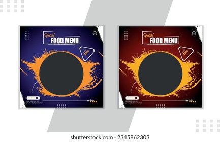 Bundle of editable square banner template. Food banner with black, orange and green color background. Flat design vector with photo collage. Usable for social media, story and web internet ads.Digital