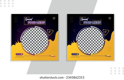 Bundle of editable square banner template. Food banner with black, orange and green color background. Flat design vector with photo collage. Usable for social media, story and web internet ads.Digital