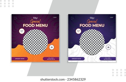 Bundle of editable square banner template. Food banner with black, orange and green color background. Flat design vector with photo collage. Usable for social media, story and web internet ads.Digital