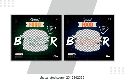 Bundle of editable square banner template. Food banner with black, orange and green color background. Flat design vector with photo collage. Usable for social media, story and web internet ads.Digital