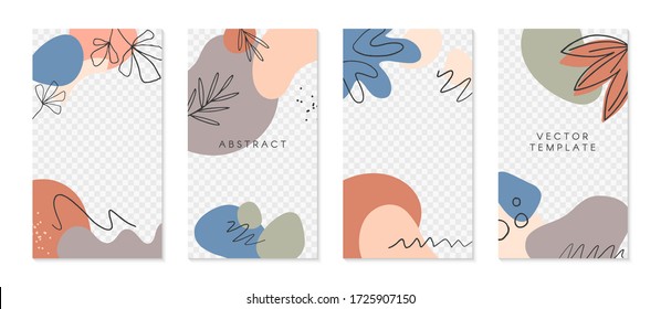 Conjunto de plantillas de historias editables con espacio para copiar texto.Diseños vectoriales modernos con formas orgánicas dibujadas a mano y texturas.Diseño de moda para marketing en medios sociales, publicaciones digitales, impresiones, banners.