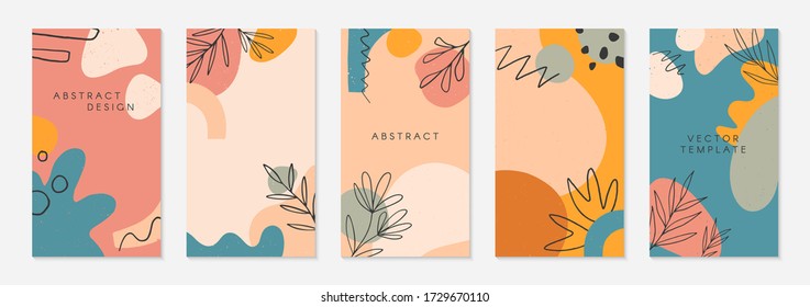 Conjunto de plantillas de historias editables con espacio de copia para texto.Diseños vectoriales modernos con formas orgánicas dibujadas a mano y texturas.Diseño de moda para marketing en medios sociales, publicaciones digitales, impresiones, banners