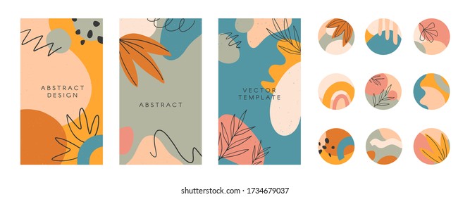 Bundle of editable story templates and highlights covers. Vector layouts with hand drawn organic shapes and textures. Abstract backgrounds. Trendy design for social media marketing. Social media pack.