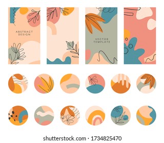 Bundle of editable story templates and highlights covers.Vector layouts with hand drawn organic shapes and textures.Abstract backgrounds.Trendy design for social media marketing.Social media kit