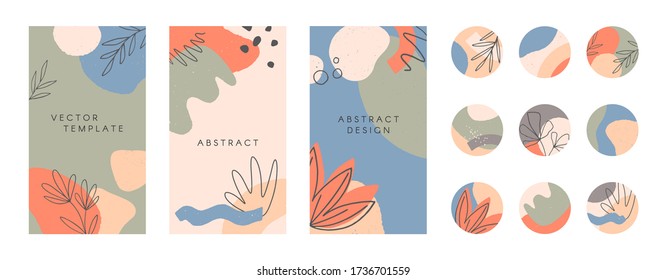 Bundle of editable story templates and highlights covers.Vector layouts with hand drawn organic shapes and textures.Abstract backgrounds.Trendy design for social media marketing.Social media kit