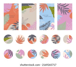 Bundle of editable summer story templates and highlights covers.Vector layouts with shapes and tropical leaves.Abstract backgrounds.Trendy design for social media marketing.Social media kit