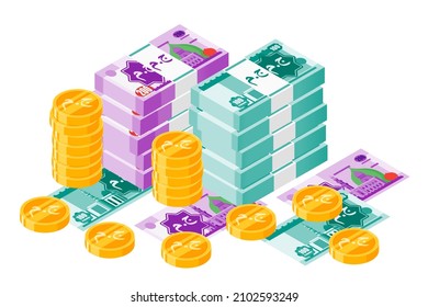 Bundle of Egyptian Pound Banknotes Money and Gold Coin Isometric Illustration. Translation: JM. Egypt Currency.