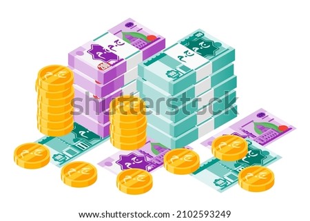 Bundle of Egyptian Pound Banknotes Money and Gold Coin Isometric Illustration. Translation: JM. Egypt Currency.