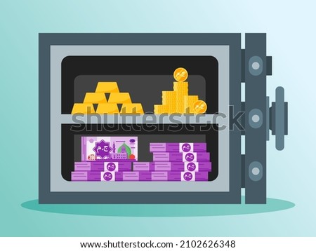 Bundle of Egyptian Pound Money, Gold, and Coin in a High Security Level Metal Safe Illustration. Translation: JM. Egypt Currency. 