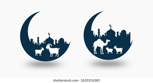 Bundle of Eid al-Adha Vector Illustration with Crescent Moon, Mosque Silhouette, Goat, Camel, and Islamic Elements – Perfect for Cards, Posters, Banners, and Social Media Designs