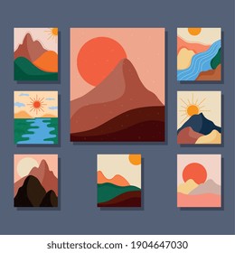 bundle of eight abstract landscapes colorful scenes vector illustration design