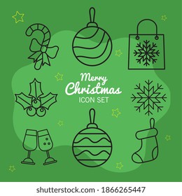 bundle of eight christmas set icons with lettering in green background vector illustration design