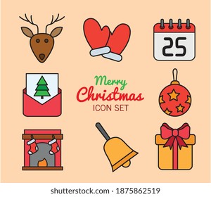 conjunto de ocho navidades línea de juego y relleno iconos con diseño de ilustración vectorial con letras