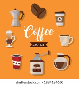 conjunto de ocho deliciosos iconos de juego de bebidas y diseño de ilustraciones vectoriales con letras
