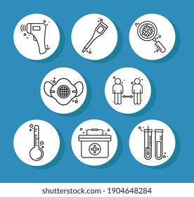 bundle of eight covid19 pandemic set line style icons in blue background vector illustration design