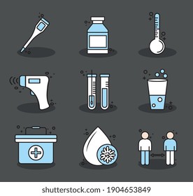 conjunto de ocho iconos covid19 línea de conjunto pandémico y estilo de colores en diseño de ilustración vectorial de fondo azul