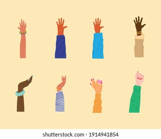 bundle of eight diversity hands humans up vector illustration design