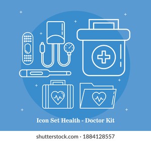 conjunto de ocho conjuntos de línea kit doctor iconos de ilustración vectorial