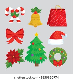 conjunto de ocho alegres navidades conjunto iconos de ilustración vectorial diseño