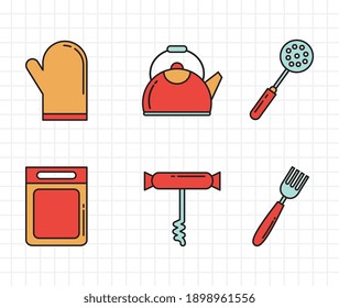 Paket von acht Küchenutensilien Set Linie und Farben Stil Symbole Vektorgrafik Design
