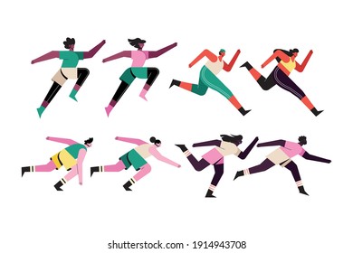 bundle of eight runners characters vector illustration design