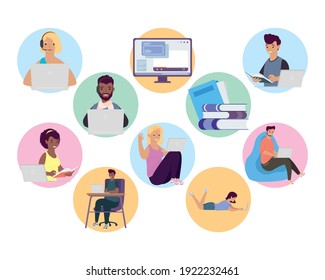 bundle of eight students with laptops and icons education online vector illustration design