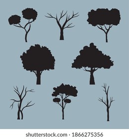 bundle of eight trees forest silhouette style icons vector illustration design