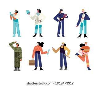 conjunto de ocho mujeres diferentes profesiones personajes diseño de ilustración vectorial