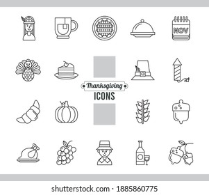 bundle of eighteen thanksgiving day set icons vector illustration design