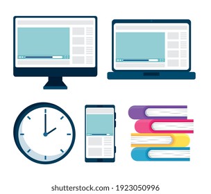 bundle of electronic devices and books vector illustration design