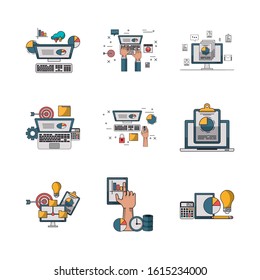 bundle of electronics devices and infocharts icons vector illustration design