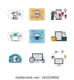 bundle of electronics devices and infocharts icons vector illustration design