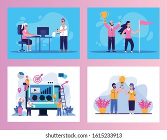 bundle of elegant business people scenes vector illustration design