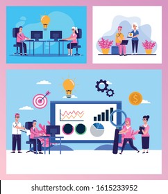 bundle of elegant business people scenes vector illustration design